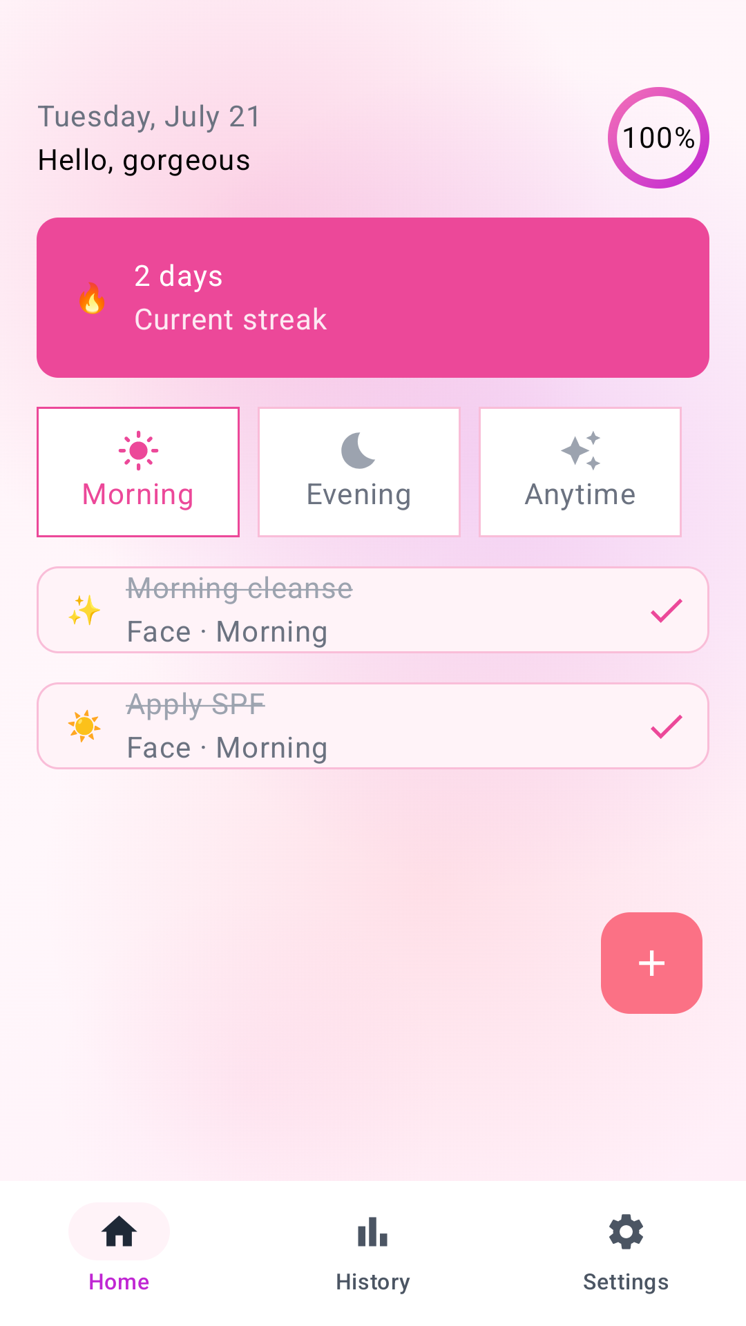 Radiant Routine home screen